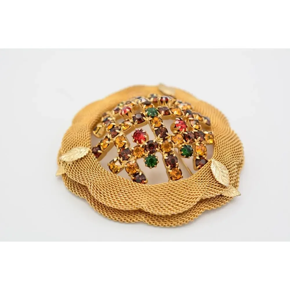 Vintage Crystal Pin Brooch Mesh Gold Prong Multi-Color Rhinestone 1970s BinAT